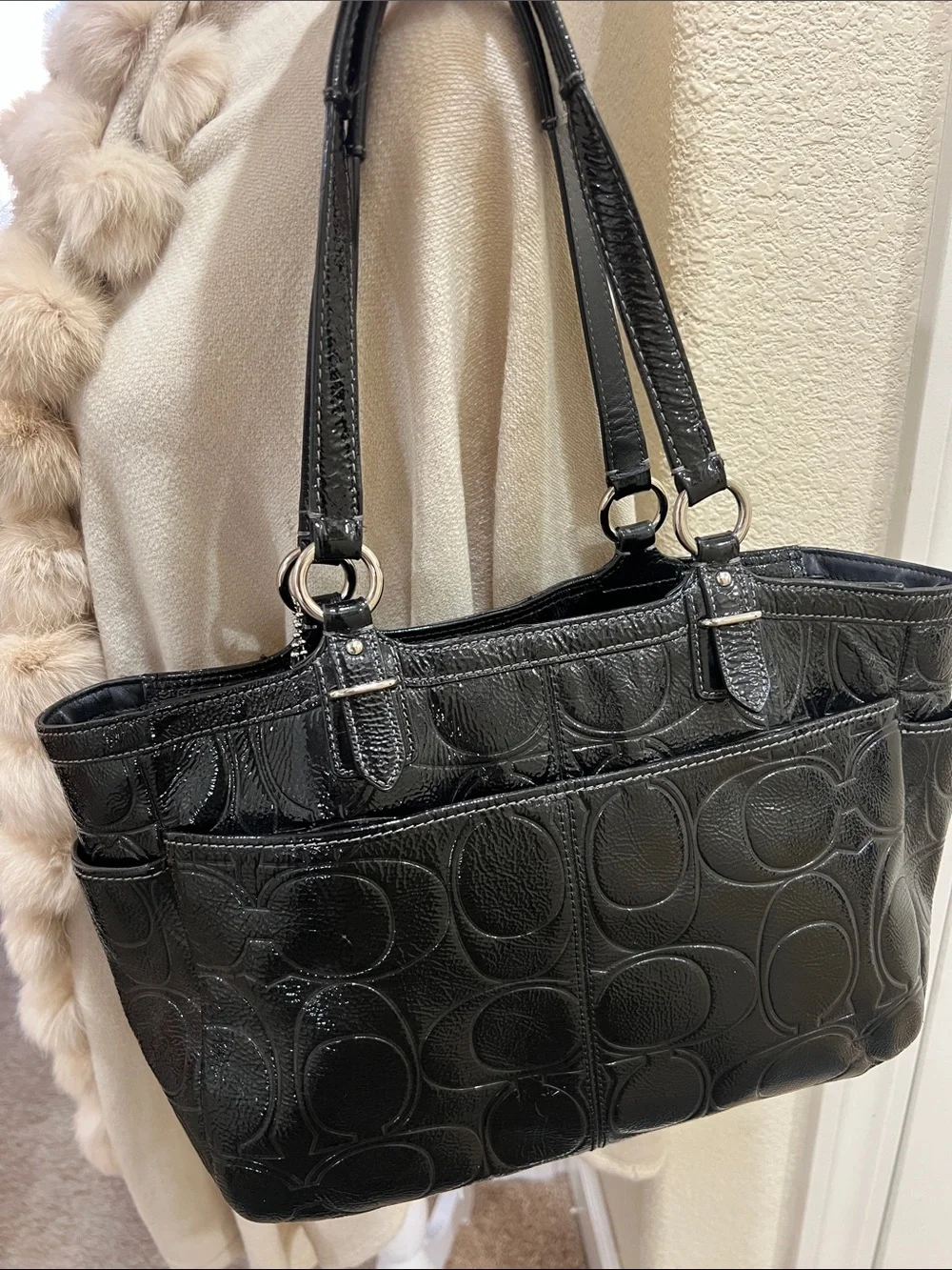 COACH Black Patent Leather Embossed C Large Tote Bag